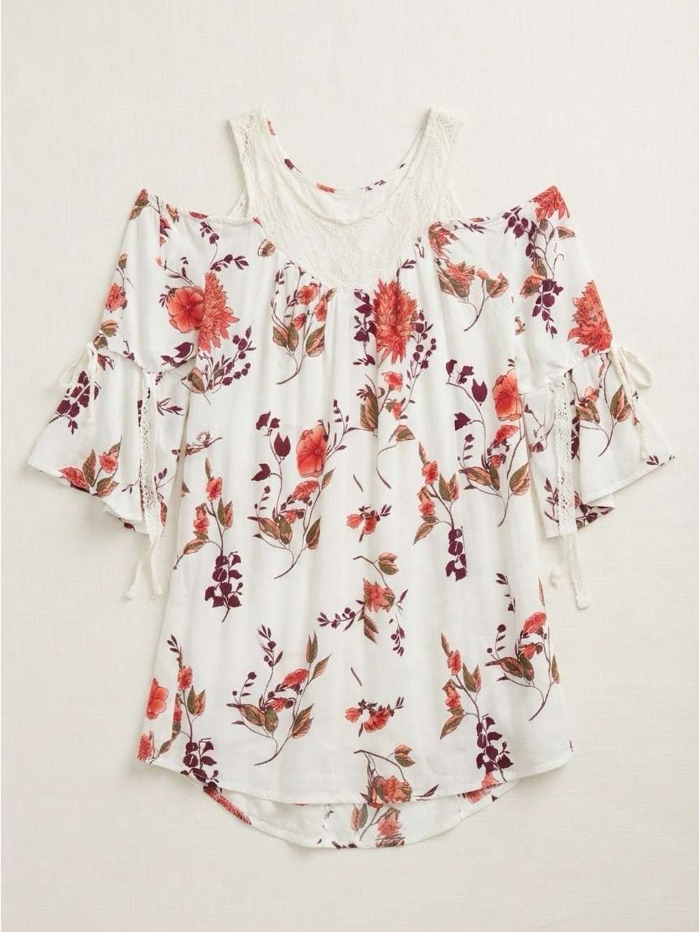 Kori White Cold-Shoulder Tunic with Coral & Burgundy Floral Print